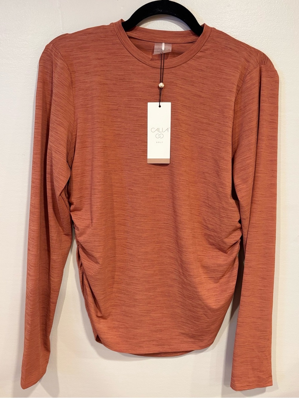 NWT CALIA by Carrie Underwood Ruched Tissue Texture Dark Orange Long Sleeve Top